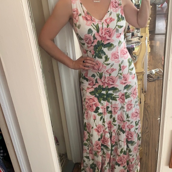 VINTAGE BETSEY JOHNSON ROSES MAXI BODYCON MERMAID DRESS y2k 90s COTTAGECORE - Picture 1 of 4